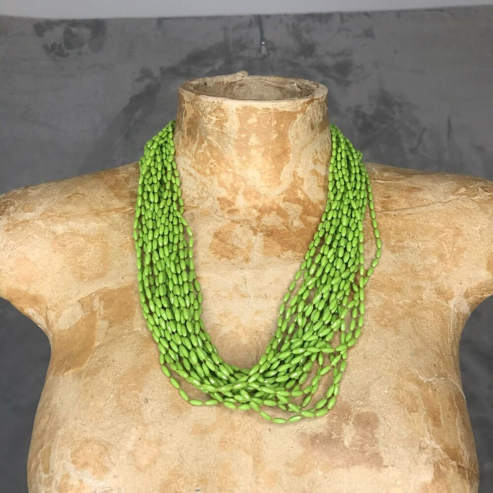 Vintage 50s Green Bead Necklace Multiple Strands Plastic Beaded Layers